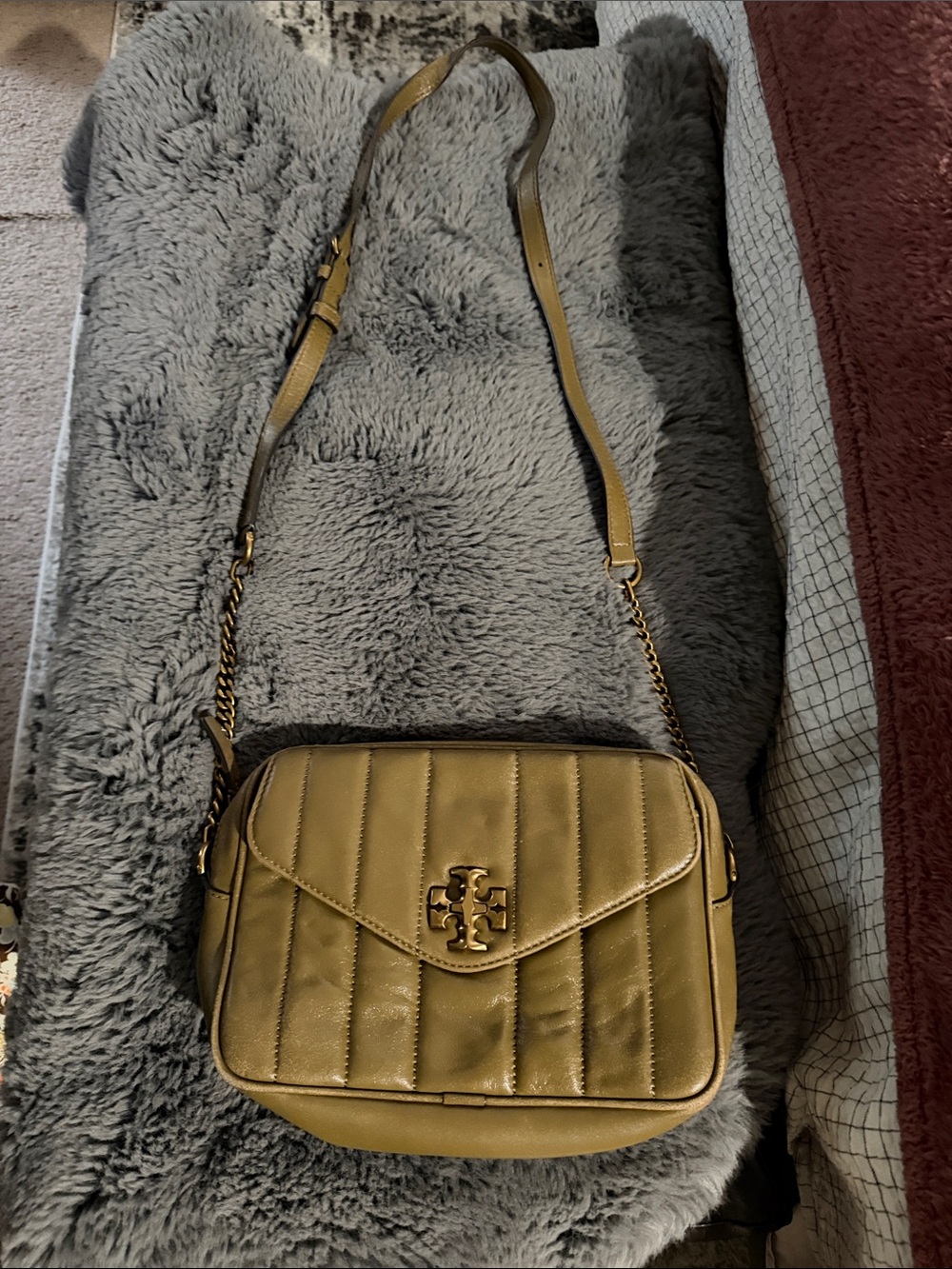 Tory Burch Kira Quilted Camera Bag- Tan/Olive Leather Crossbody with Gold Logo